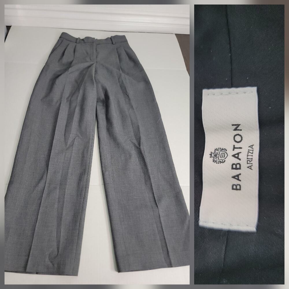 Aritzia Babaton Trouser Pants SZ 4 Straight WideLeg Pleats Gray Office Siren